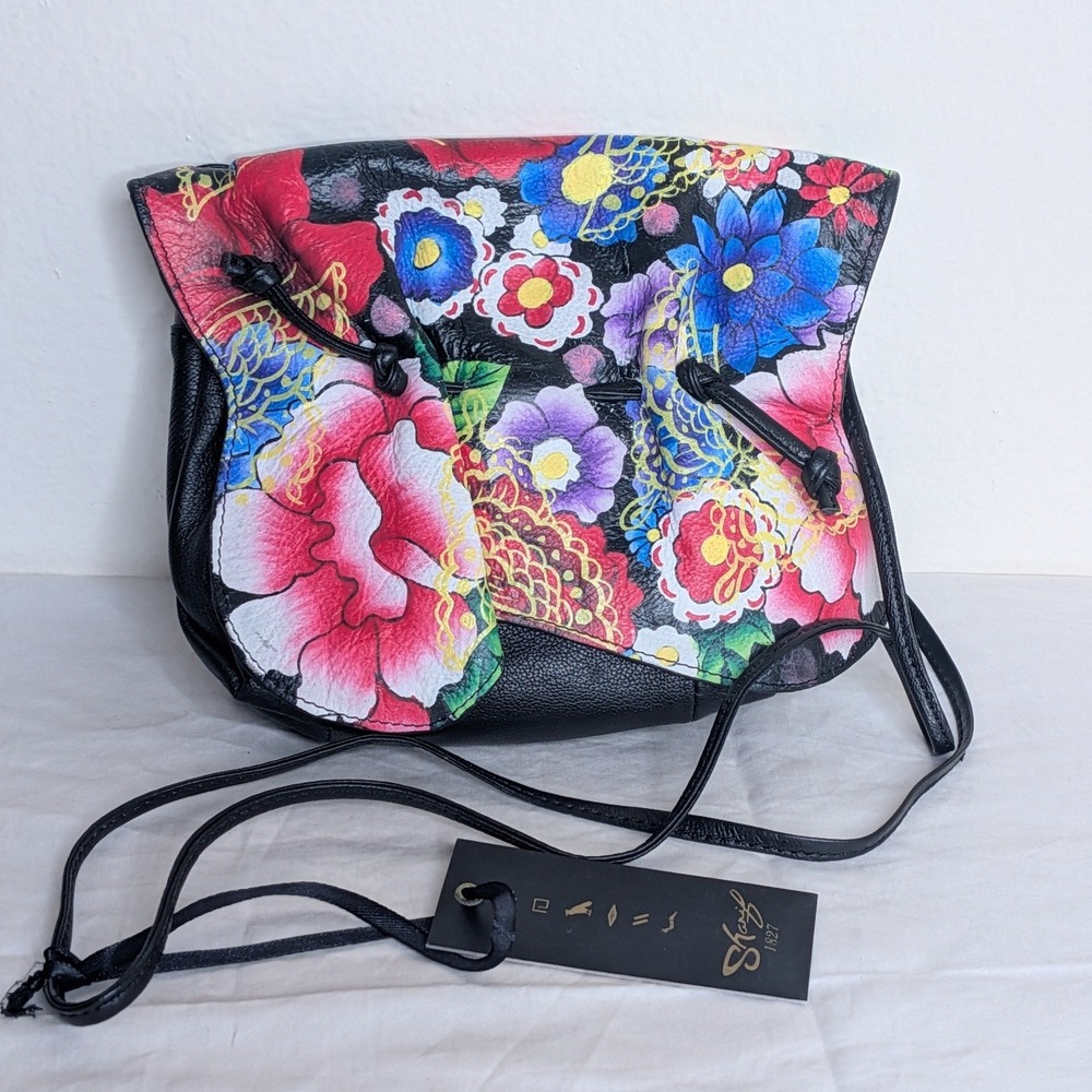 Sharif 1827 Hand Painted Floral Black Leather Crossbody Bag NWT